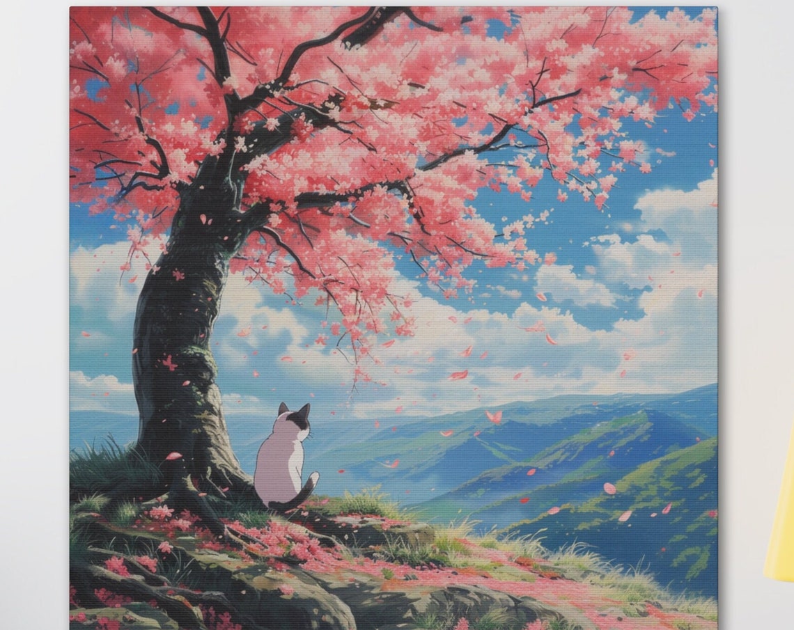 White Cat Under a Cherry Blossom Tree Overlooking Mountains Poster