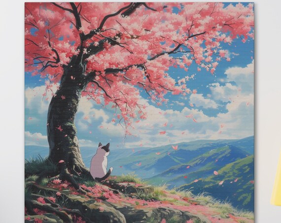 White Cat Under a Cherry Blossom Tree Overlooking Mountains Poster