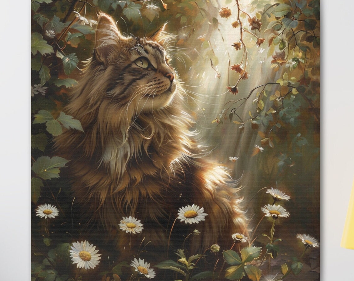 Long Haired Tabby Cat in a Sunlit Garden with Daisies Poster