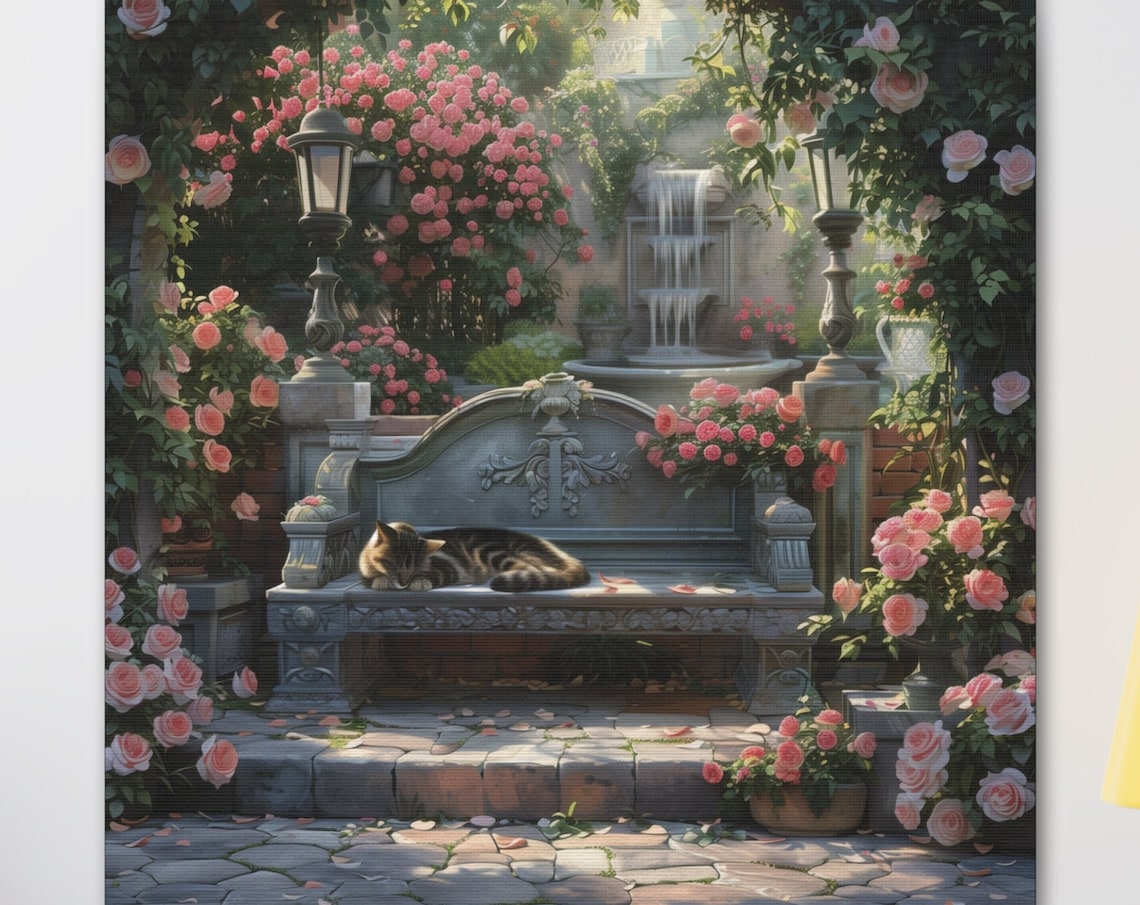 Tabby Cat Napping on Stone Bench in Pink Rose Garden Fountain Poster