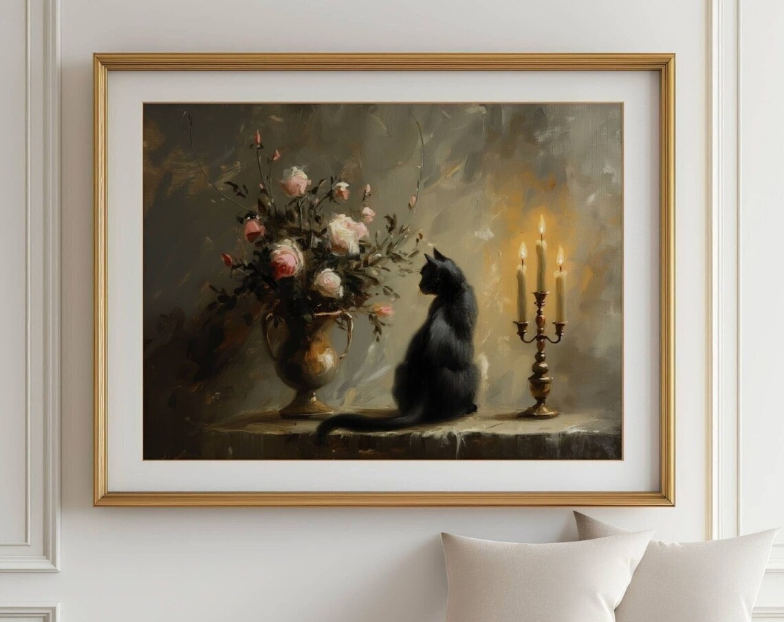 Moody Floral Black Cat, Botanical Art Print Decor
