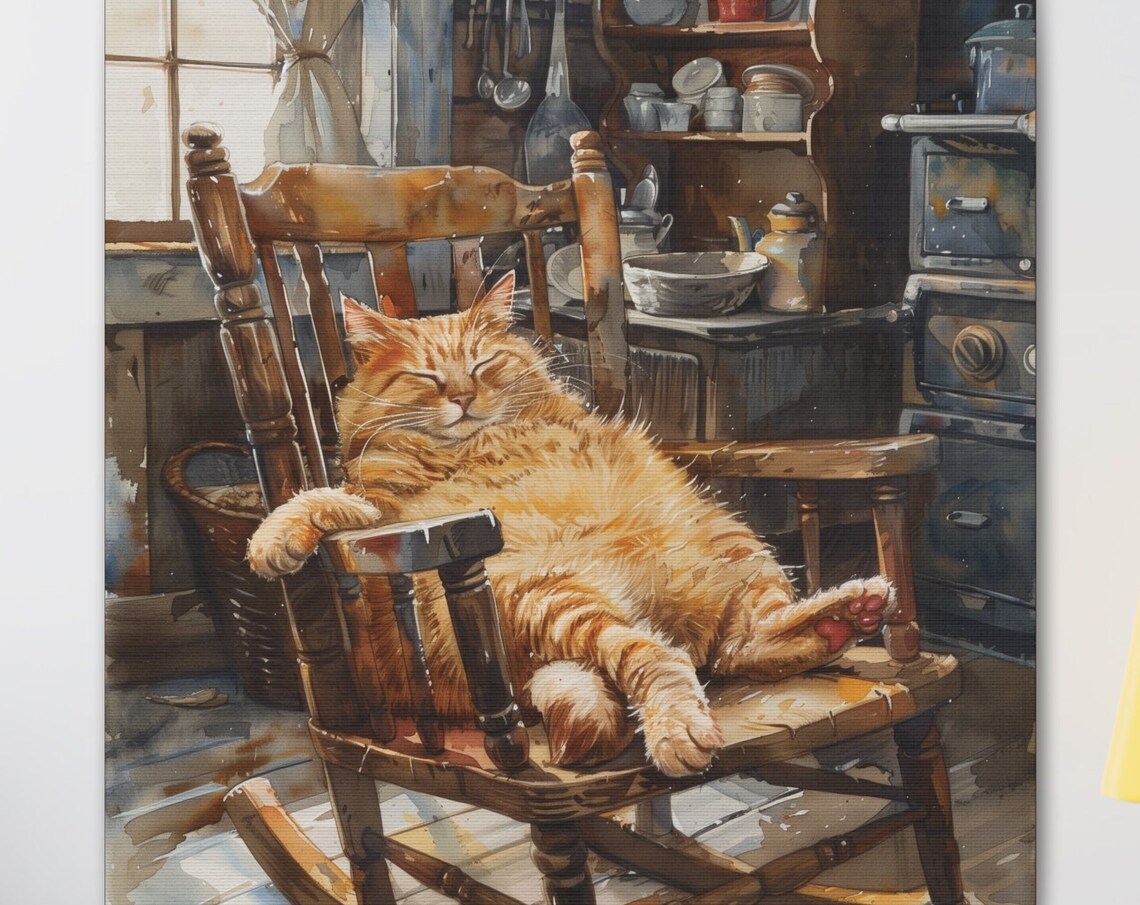 Fluffy Orange Cat Lounging in Wooden Rocking Chair Farmhouse Poster