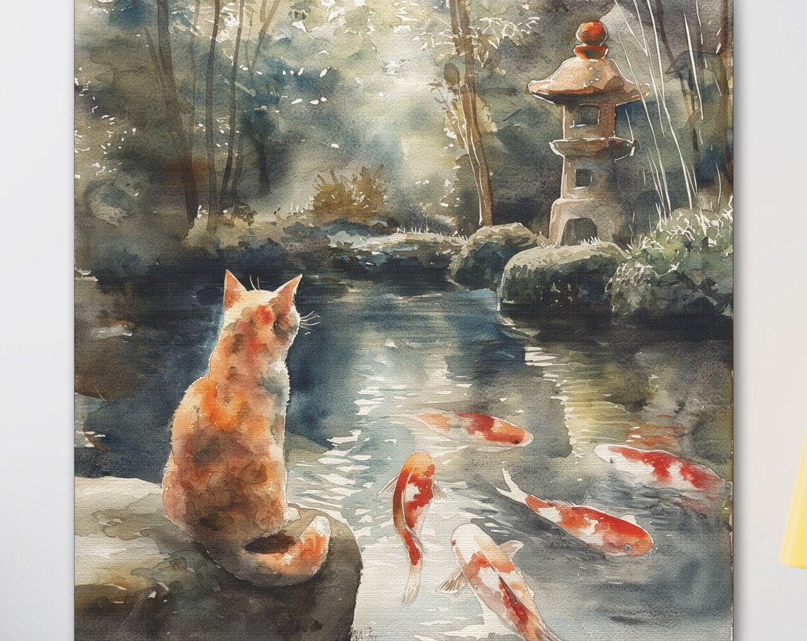 Ginger Cat Sitting by a Japanese Koi Pond with a Stone Lantern Poster