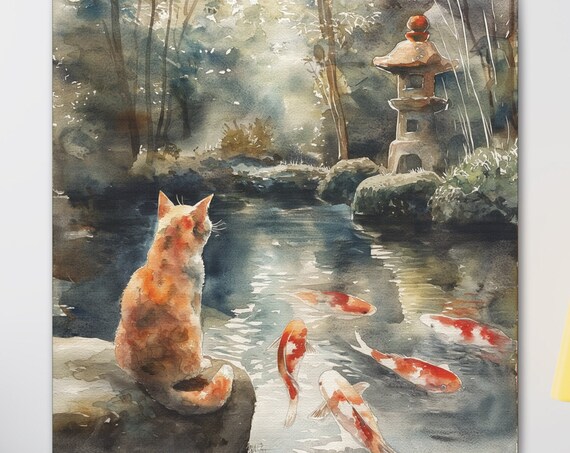 Ginger Cat Sitting by a Japanese Koi Pond with a Stone Lantern Poster