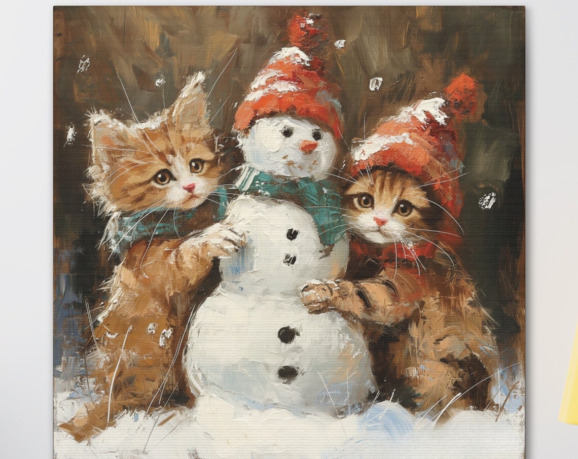 Two Kittens Hugging Snowman Winter Oil Painting Cat Art Poster