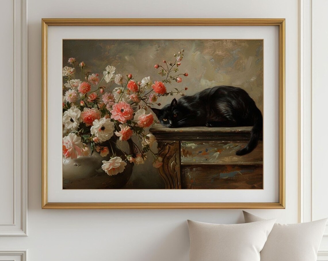 Floral Black Cat Art Print, Cat Lovers Wall Decor