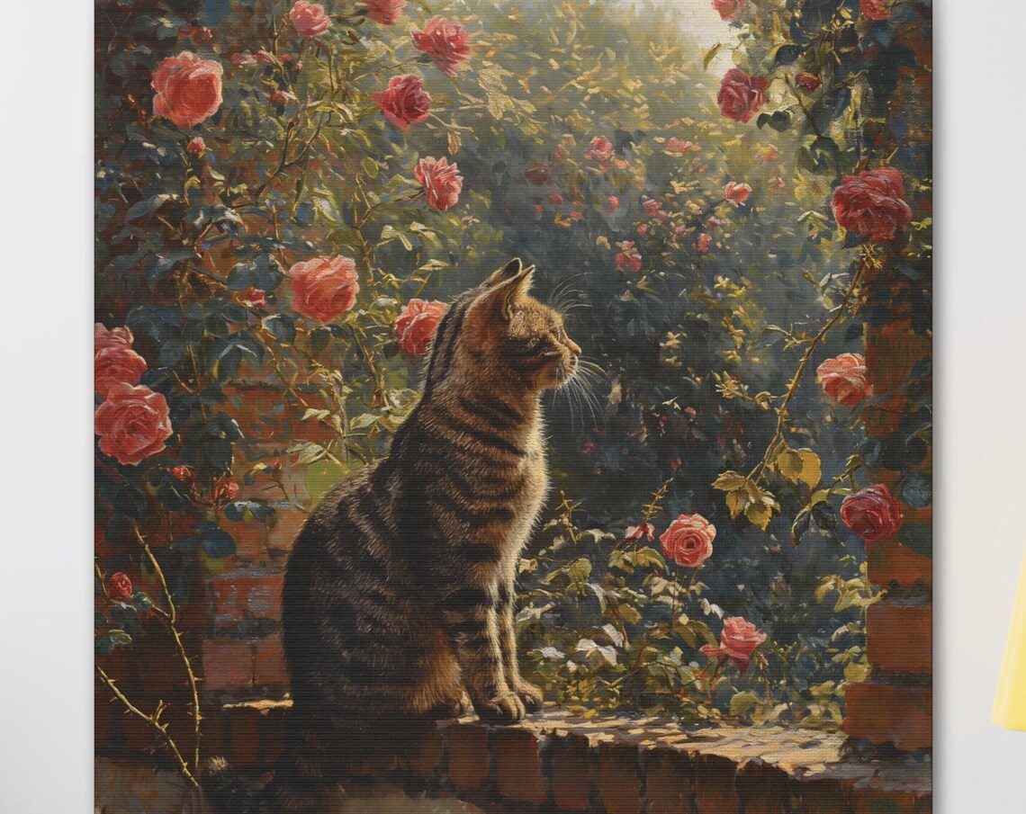 Tabby Cat on Brick Wall Among Red Roses Sunlit Garden Oil Painting Poster