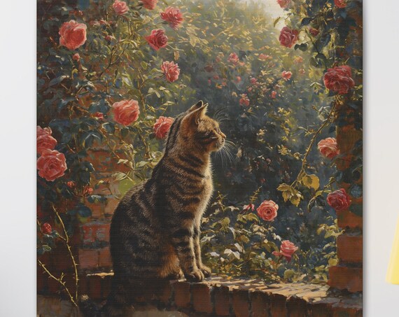 Tabby Cat on Brick Wall Among Red Roses Sunlit Garden Oil Painting Poster