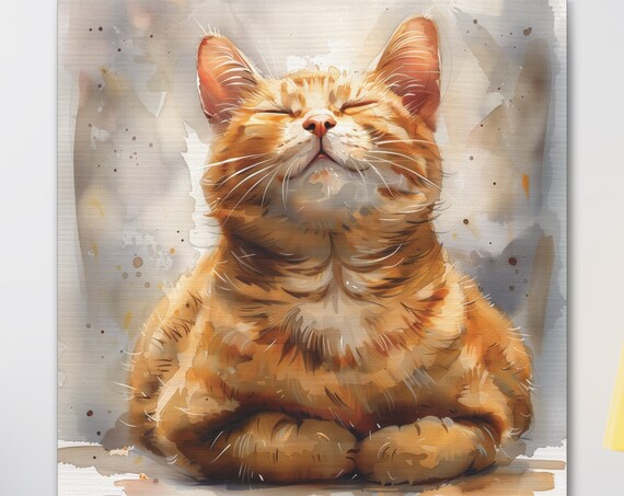 Blissful Ginger Cat with Closed Eyes Watercolor Splashes Poster