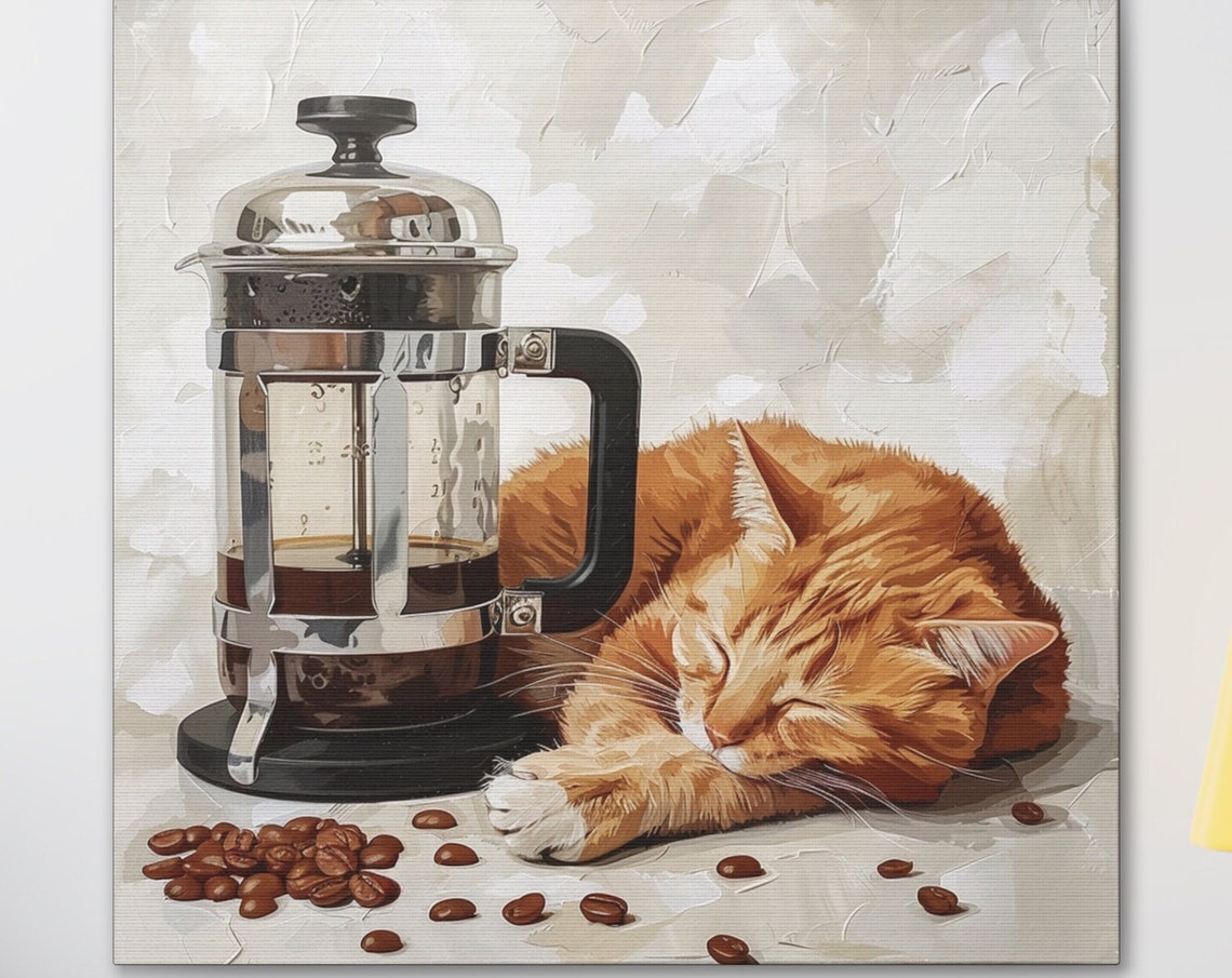 Sleeping Orange Tabby Cat Beside Glass French Press Coffee Poster