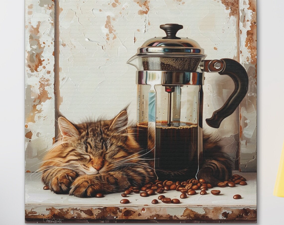 Fluffy Tabby Cat Napping by French Press Coffee Painting Poster
