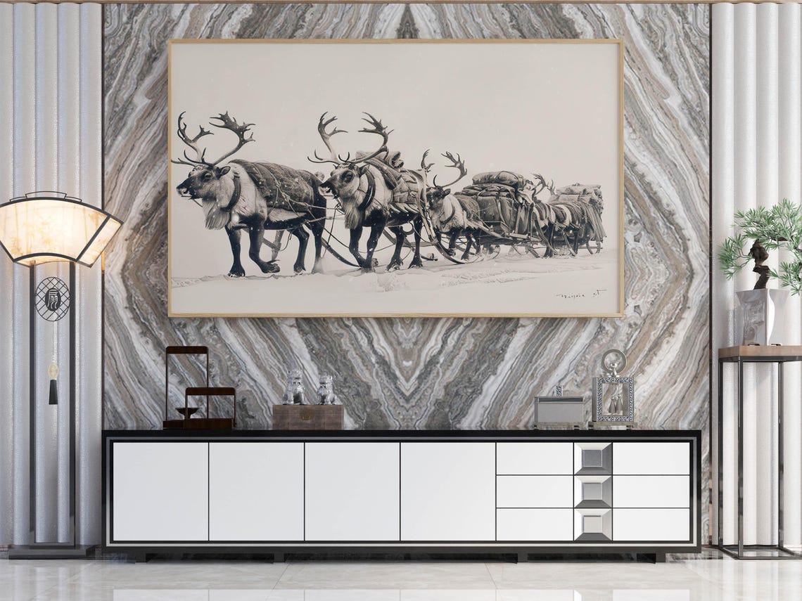 Reindeer Sledge Team Crossing Snowy Wilderness Sketch Art Poster - Image 3
