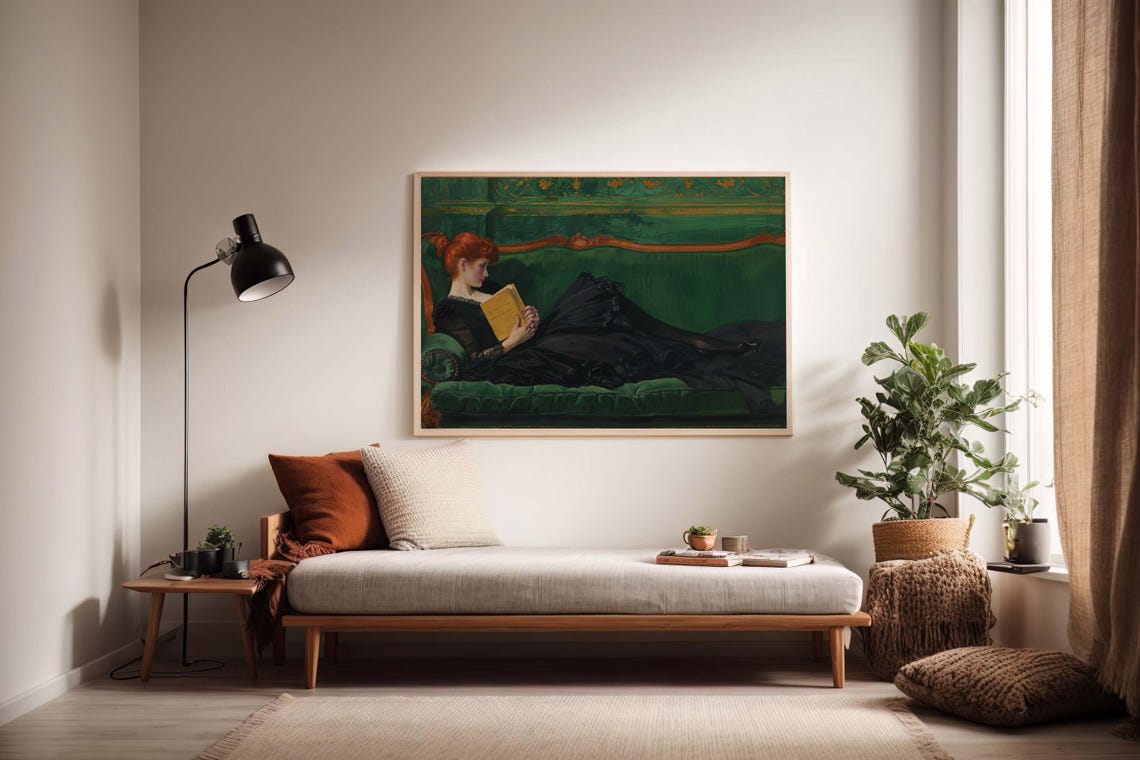 Decadent Women Portrait Victorian Female Painting Emerlad Green Girl Print Young Woman Poster Girl Art Women Reading Decor - Image 6