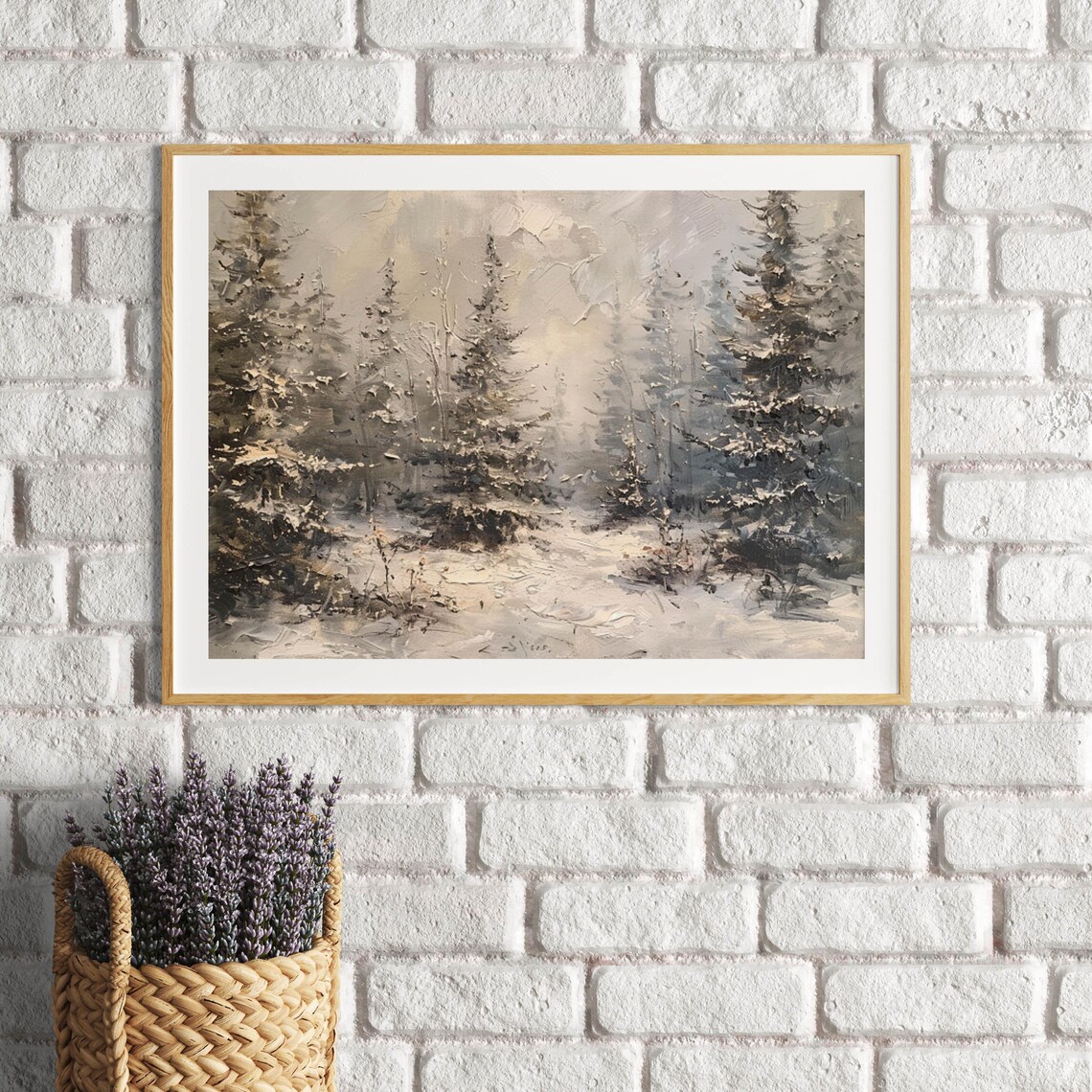Misty Snowy Pine Forest Neutral Tones Textured Oil Painting Poster - Image 6