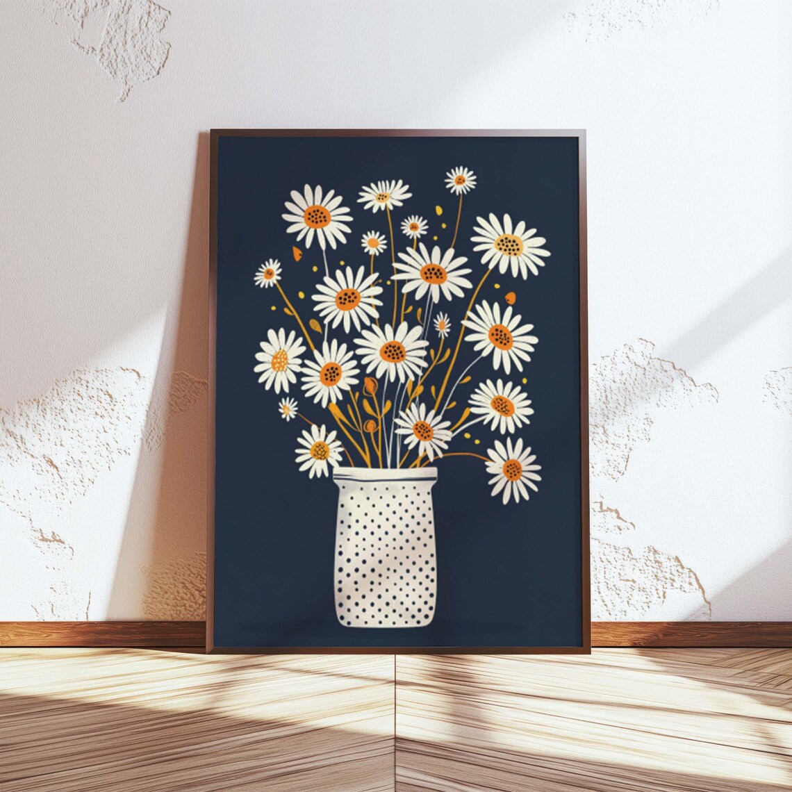 Chamomile Daisies in Polka-Dot Vase on Dark Navy Floral Poster - Image 4