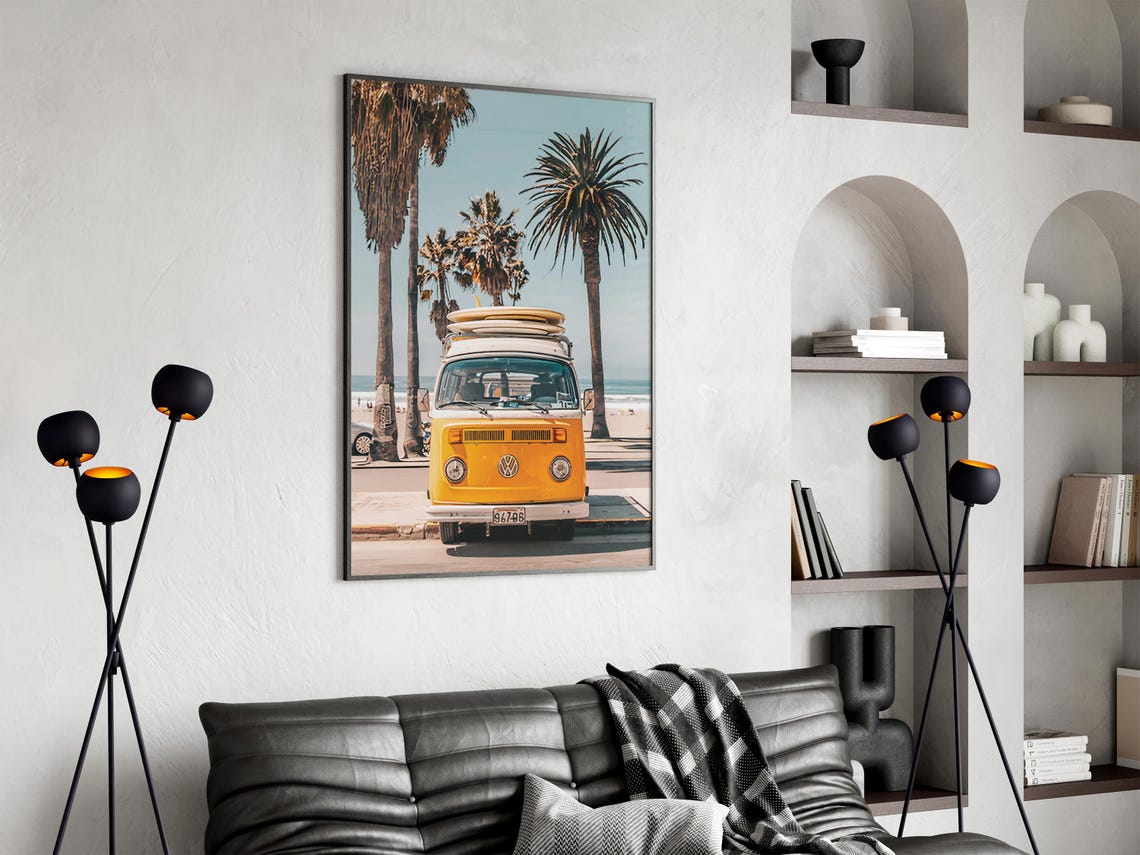 Yellow Classic VW Bus With Surfboards at a Palm Beach Poster - Image 3