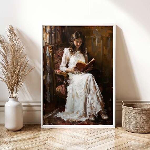 Woman Reading in an Ornate Armchair Rich Wood Interior Poster