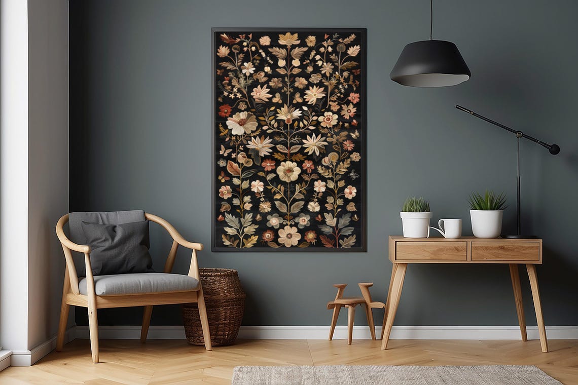 Symmetrical Dark Botanical Tapestry With Pink Blossoms Poster - Image 5