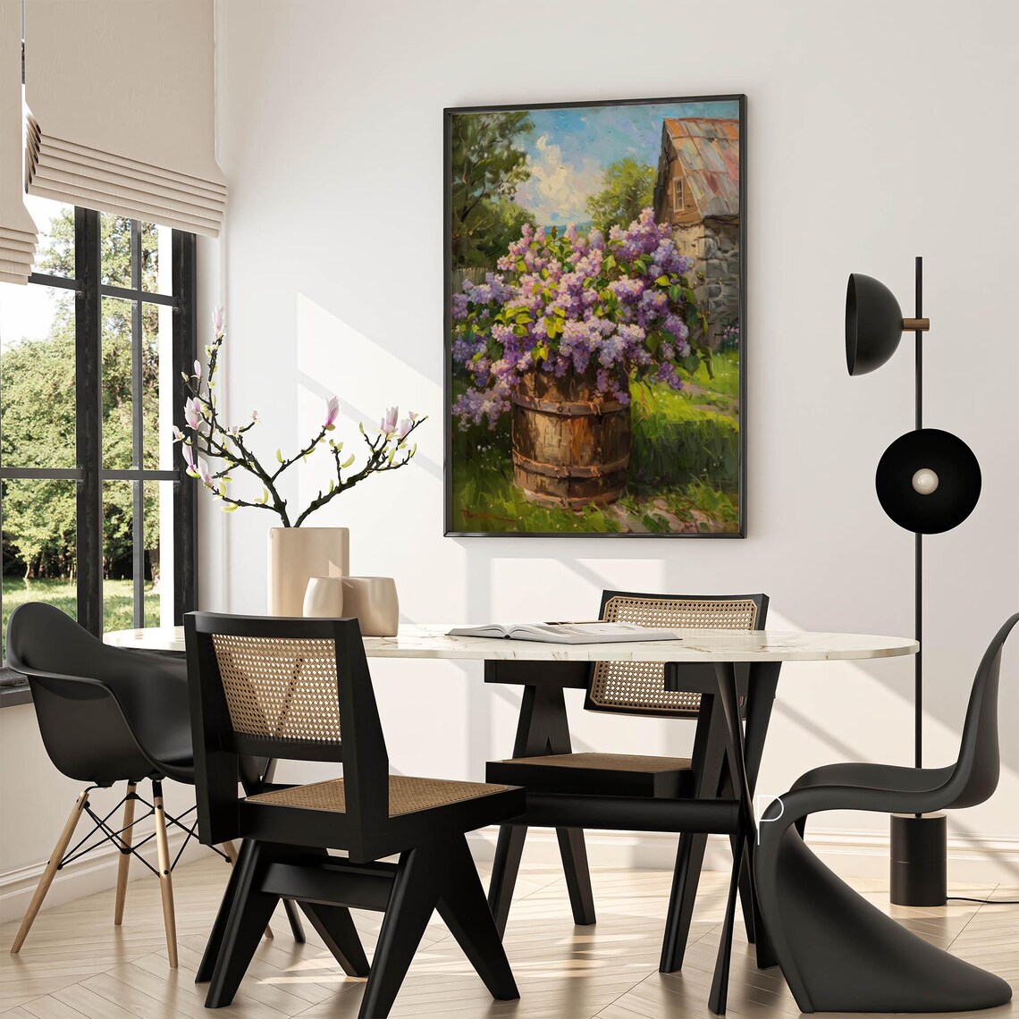 Lilac Blooms in Wooden Barrel by Stone Barn Oil Painting Poster - Image 5