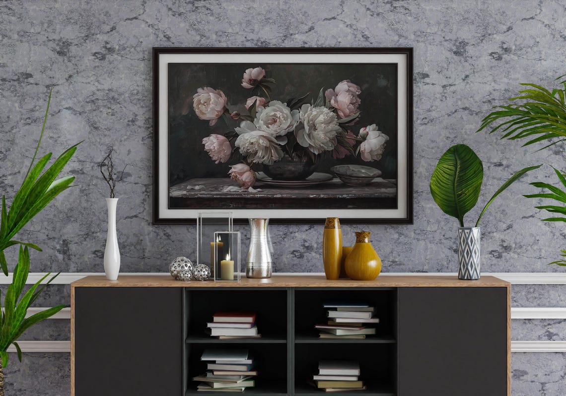 Blush Pink Roses in Dark Bowl Moody Floral Still Life Art Poster - Image 2