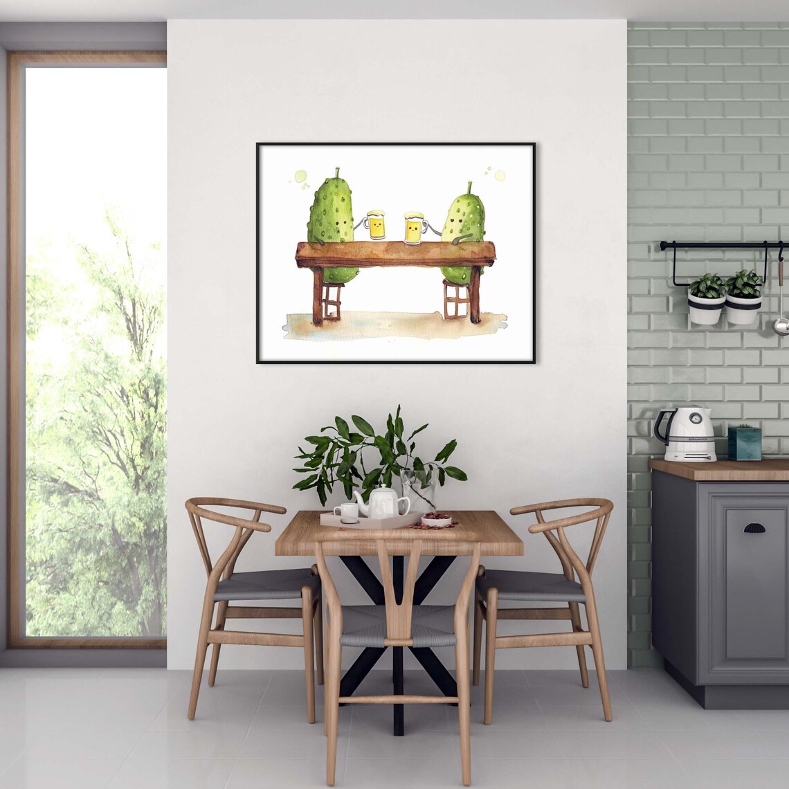 Two Cheerful Pickles Sharing Beer at a Bar in Watercolor Poster - Image 3