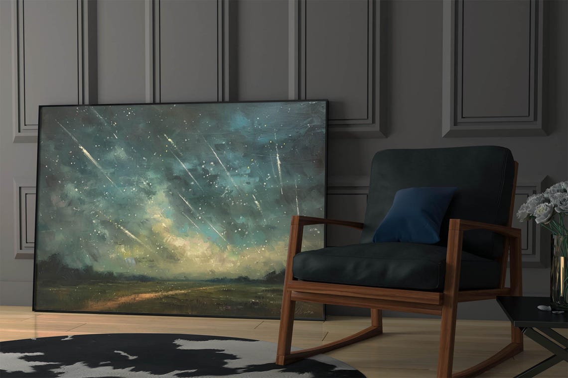 Vibrant Meteor Shower Over Teal Meadow Starry Night Art Poster - Image 4