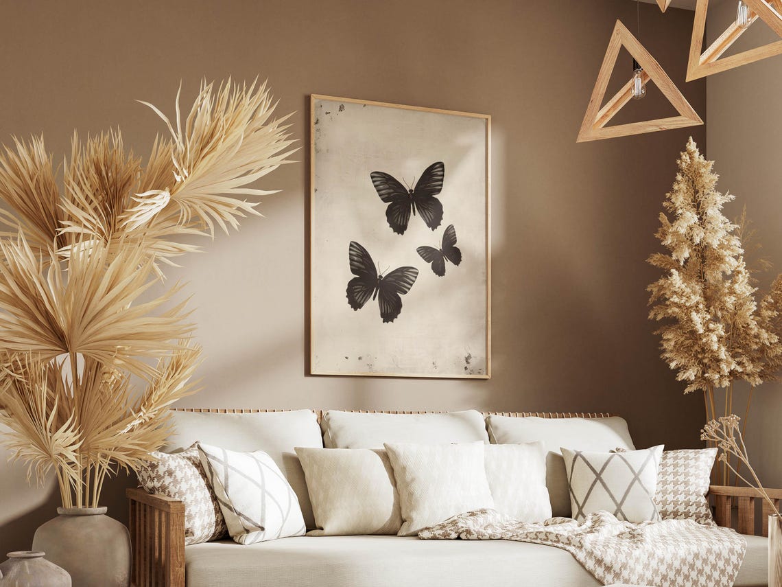 Three Black Butterflies on Vintage Cream Paper Botanical Wall Art - Image 5