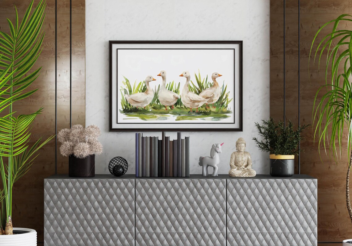 Four White Geese Standing Together in a Sunny Meadow Painting Poster - Image 5