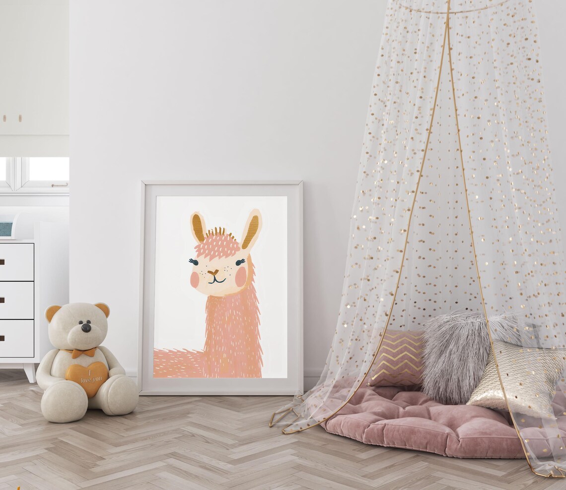 Adorable Peach Llama With Pink Mane Nursery Portrait Wall Art - Image 5