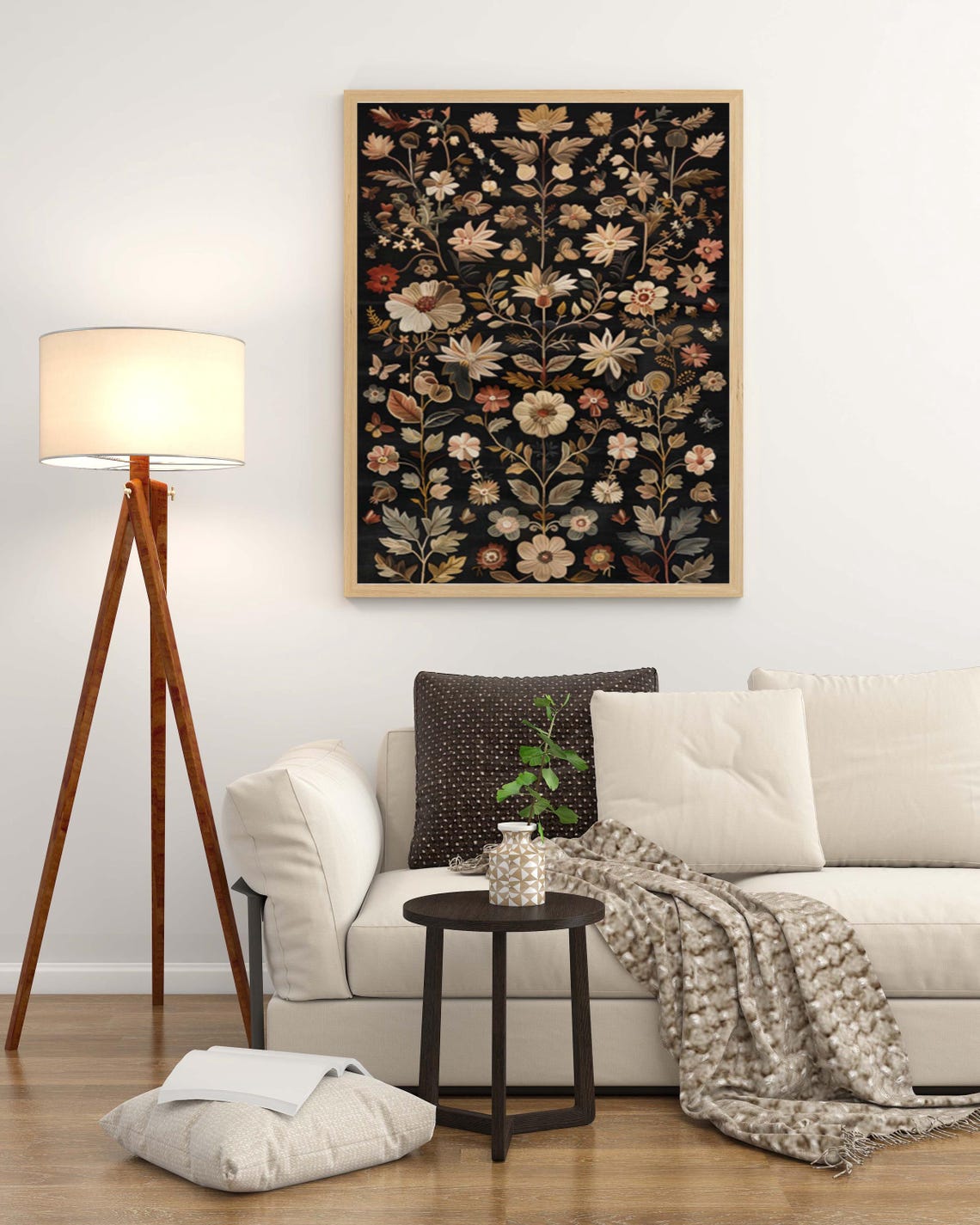 Symmetrical Dark Botanical Tapestry With Pink Blossoms Poster - Image 3
