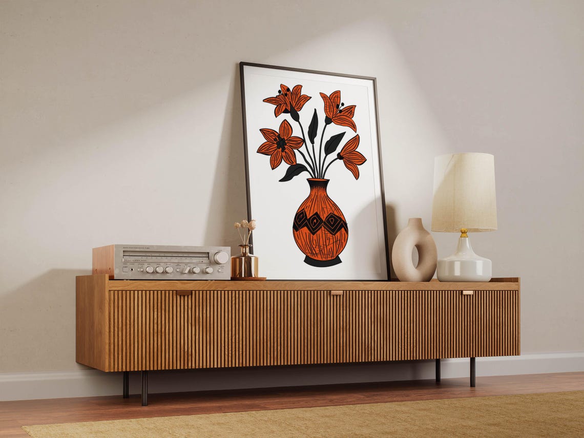 Orange Lilies in Tall Patterned Vase Rustic Botanical Line Art Poster - Image 6