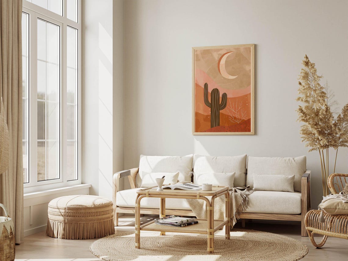 Saguaro Cactus Under a Crescent Moon in Terracotta Desert Poster - Image 3