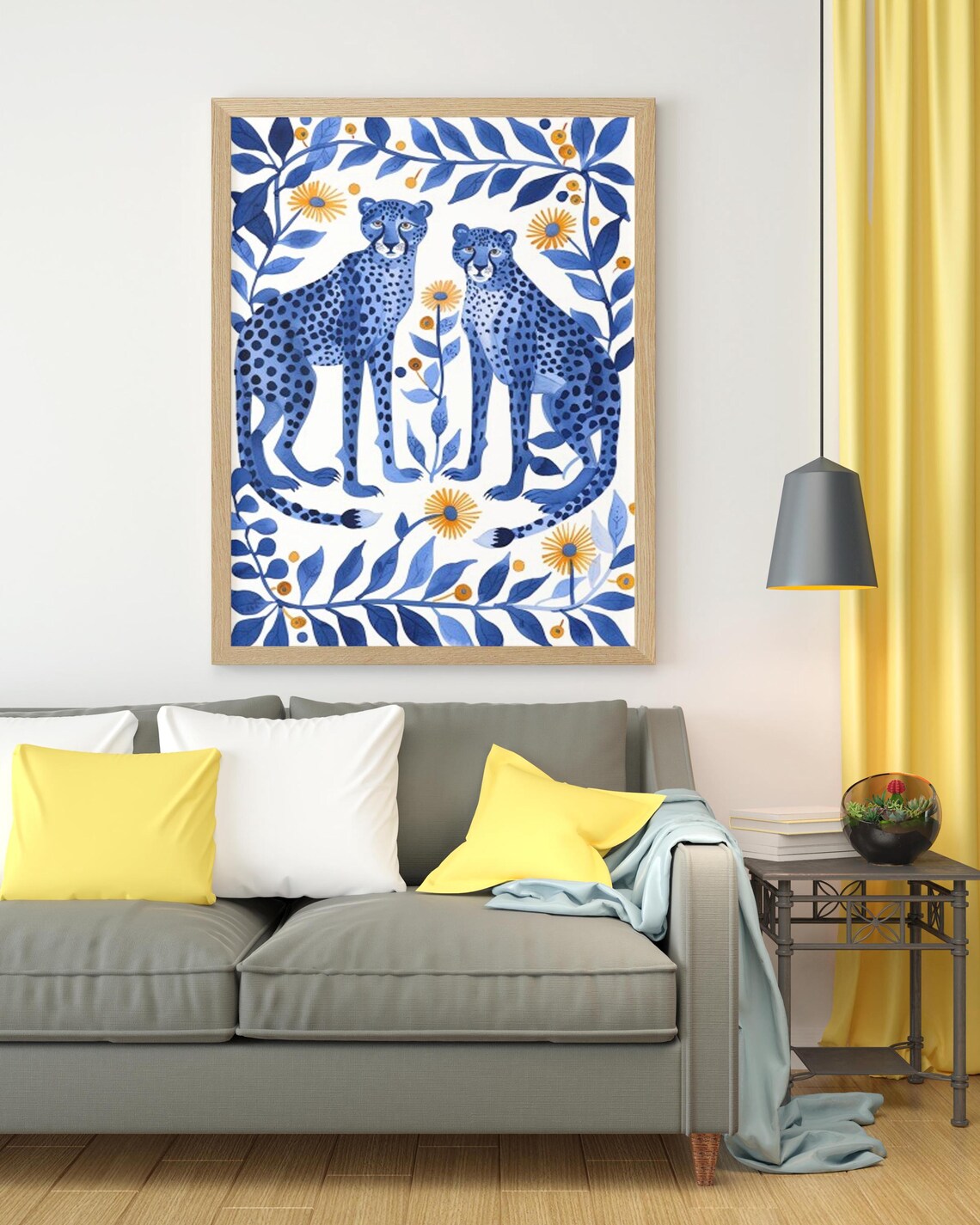 Two Blue Cheetahs Sitting Among Marigolds in Folk Art Style Poster - Image 2