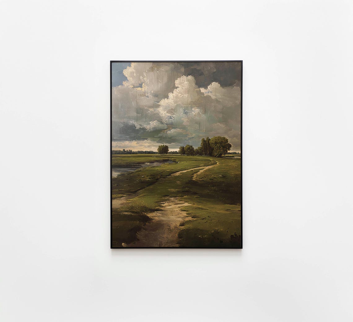 Moody Country Path Under Stormy Clouds Vintage Landscape Poster