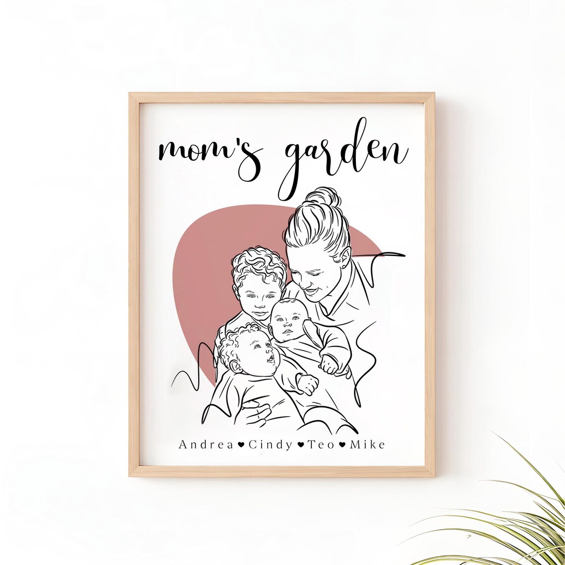 Moms Garden Mother With Three Children Custom Line Art Poster