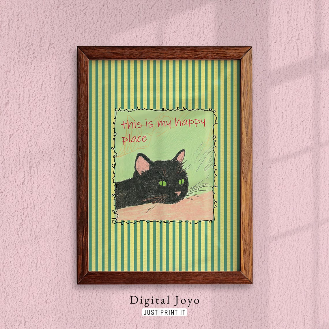 This Is My Happy Place Black Cat Green Striped Whimsical Art Poster