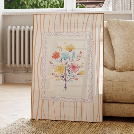 Bright Garden Bouquet Doodle Poster Botanical Nursery Art Print Instant