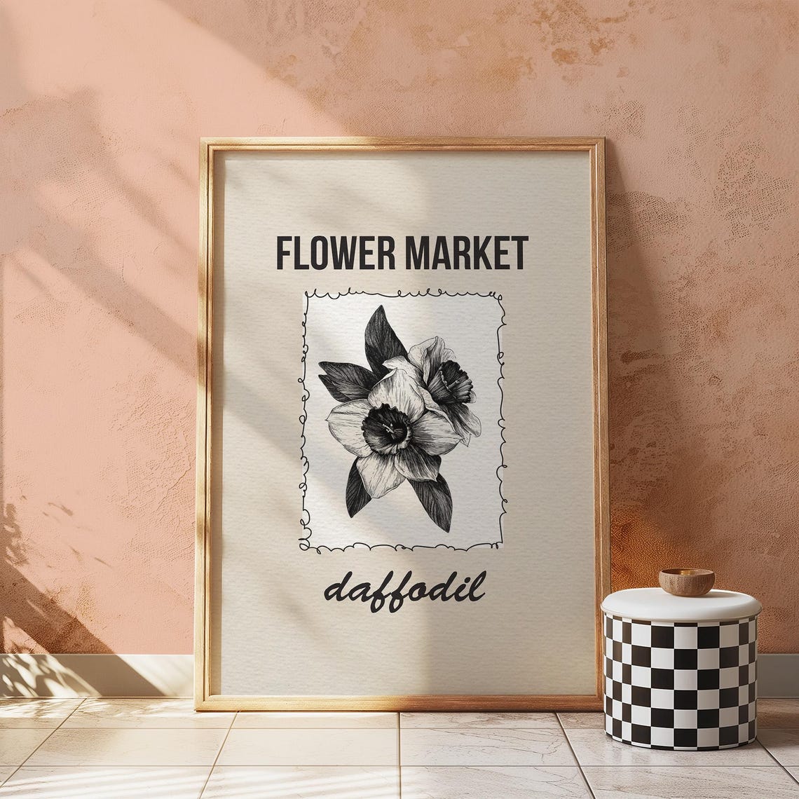Flower Market Daffodil Botanical Illustration Black White Poster