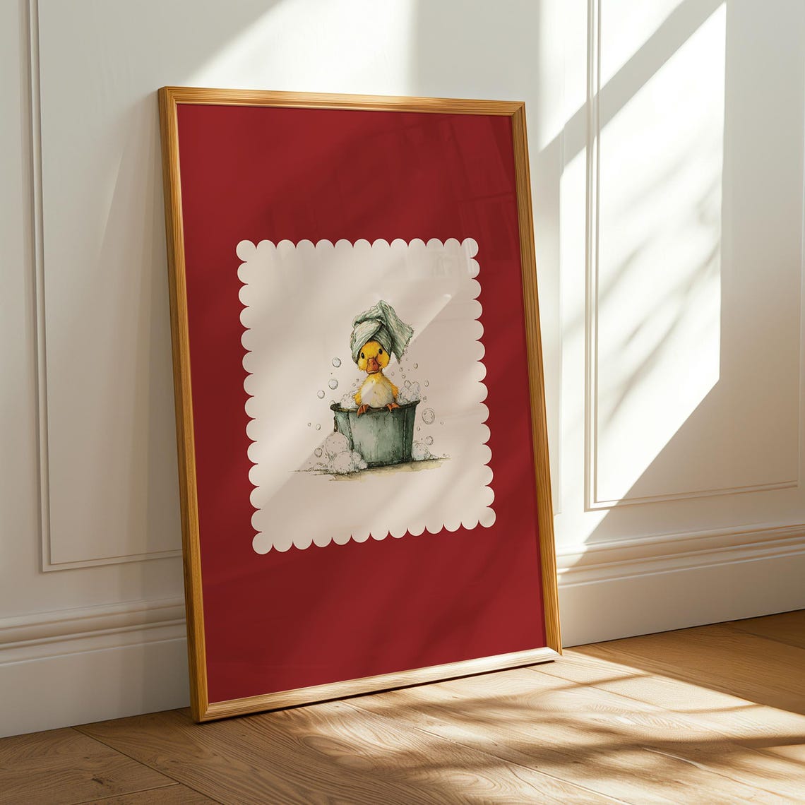 Crimson Red Duckling Bubble Bath Towel Cute Bathroom Decor Print