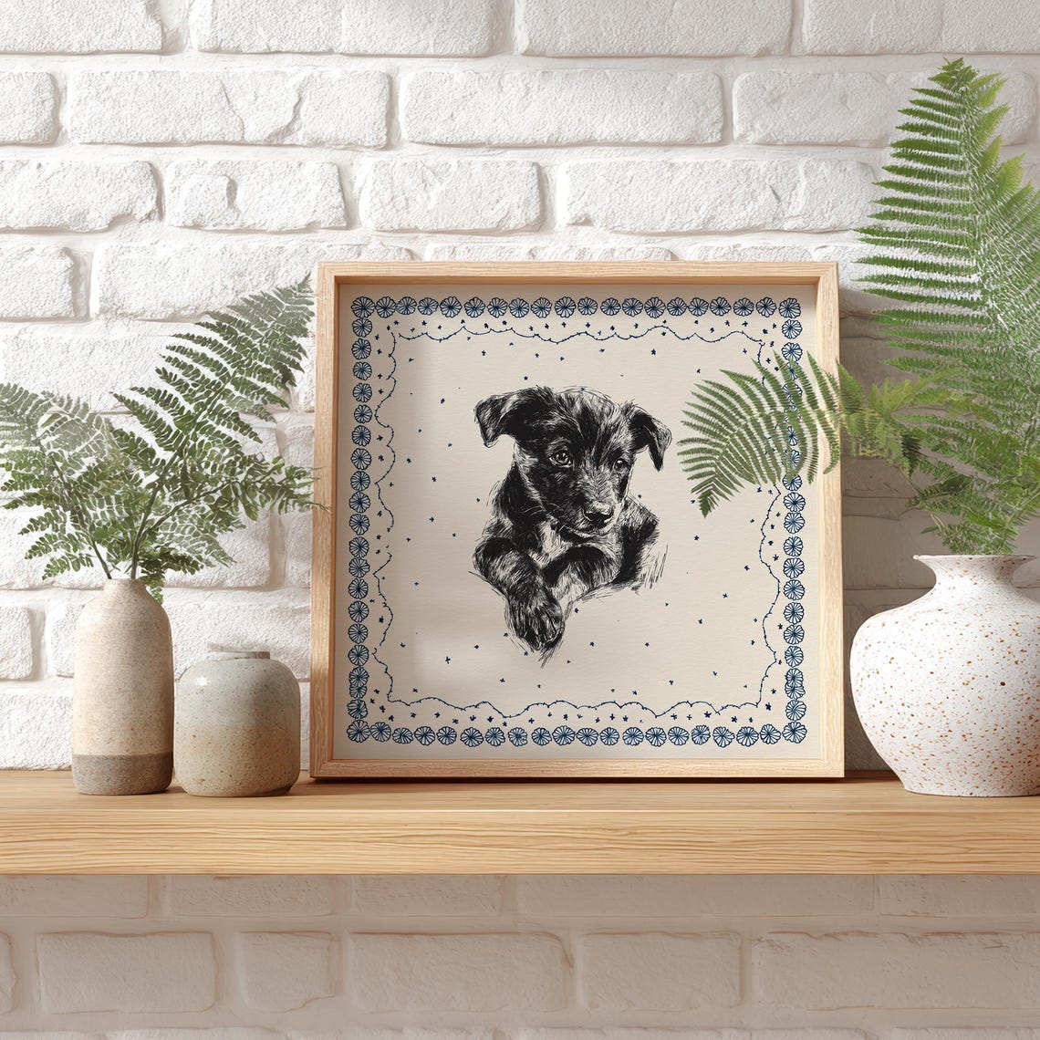 Adorable Black Puppy Dog Vintage Sketch Engraving Art Poster