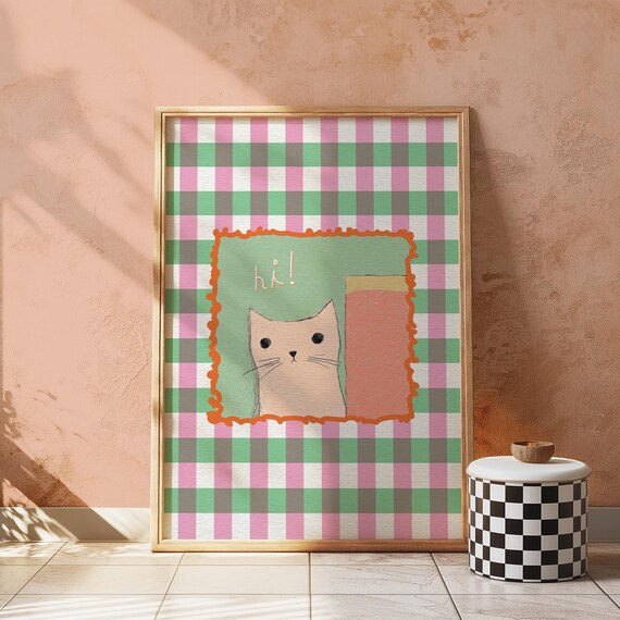 Hi Cat Peeking Gingham Checkered Whimsical Playful Nursery Poster