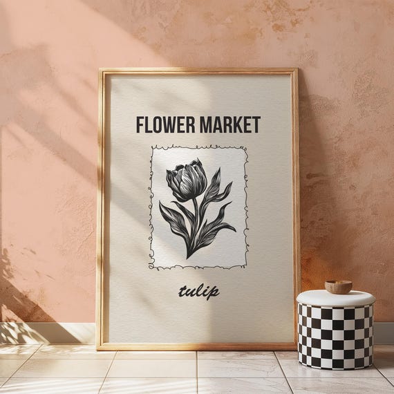 Tulip Botanical Print Black And White Flower Market Art