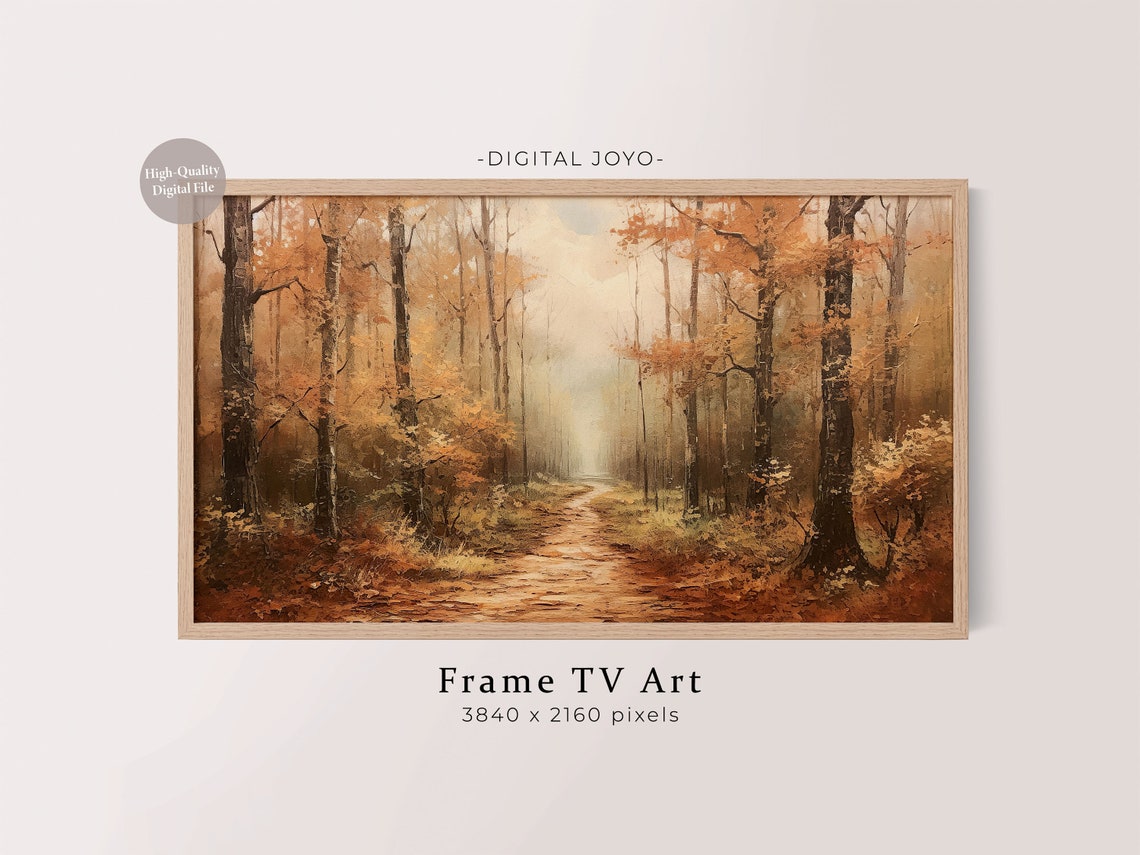 Golden Autumn Forest Trail Birch Trees Oil Painting Frame TV Art Poster
