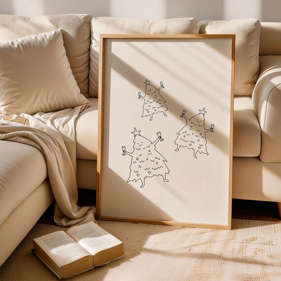 Minimal Dancing Christmas Tree Line Sketch Holiday Trio Poster