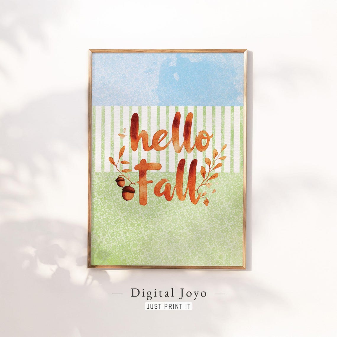 Hello Fall Watercolor Acorns Autumn Leaves Seasonal Decor Art Print