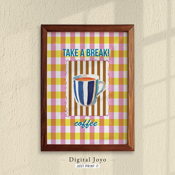 Coffee Wall Art For Cozy Kitchen Cheerful Gingham Stripe Mug Illustration Instant