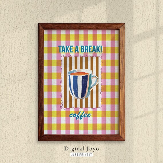 Take A Break Coffee Gingham Check Mug Bright Kitchen Wall Poster