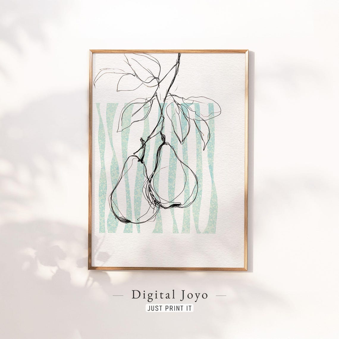Minimalist Pear Branch Line Art Mint Stripes Botanical Poster