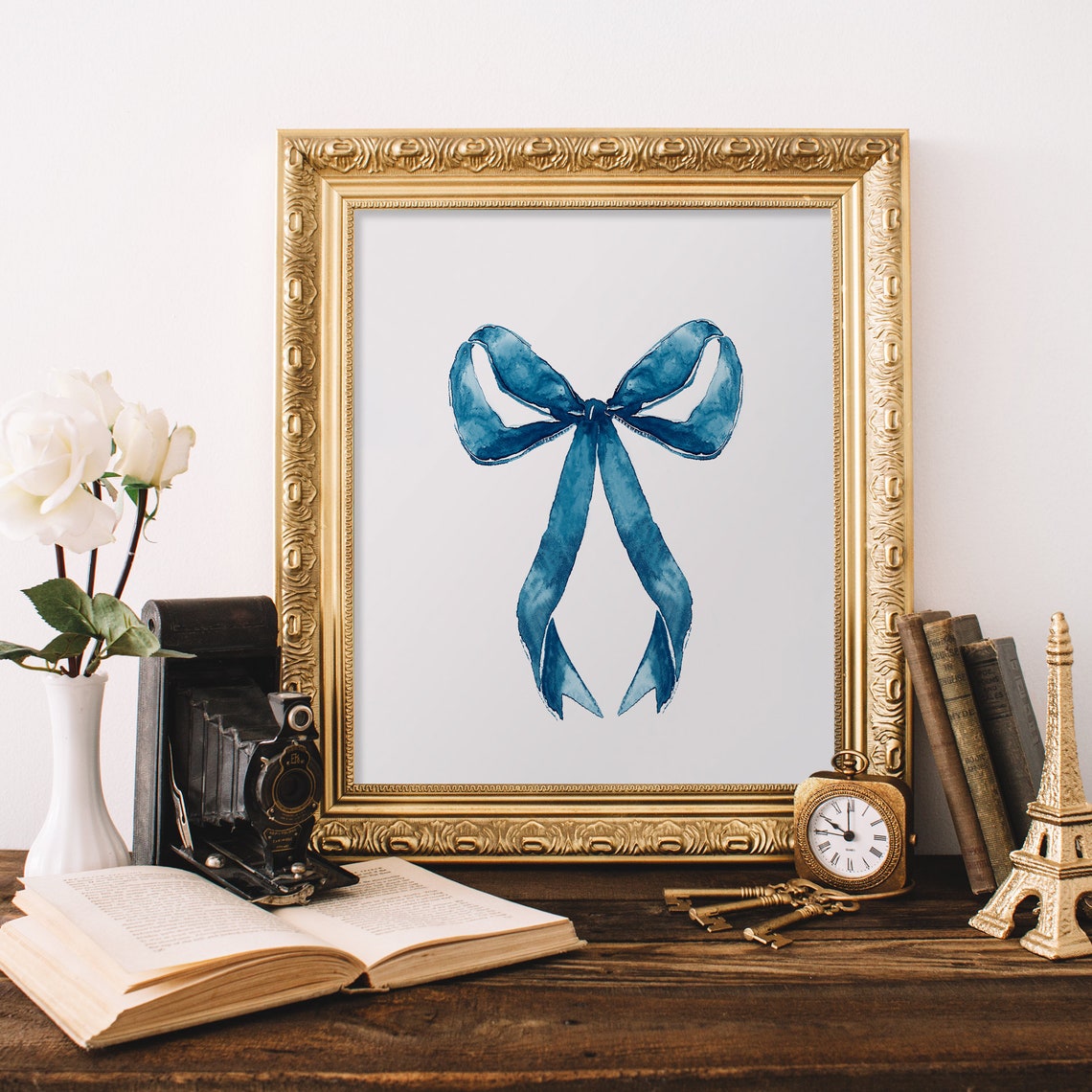 Blue Watercolor Bow Minimalist Coastal Balletcore Art Poster - Image 2