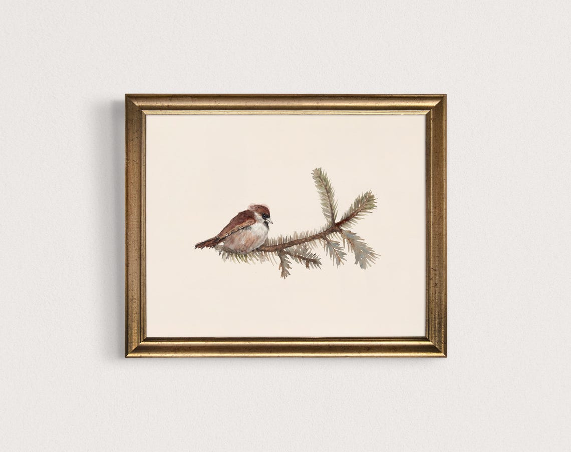 Tiny Brown Bird Pine Branch Watercolor Minimalist Nature Art Poster